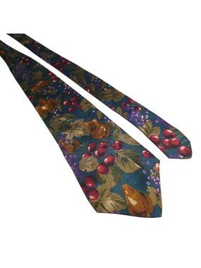 LAtelier Mens Necktie Fruit Pattern Silk Multicolor Blue Green Red Grapes & Pear
